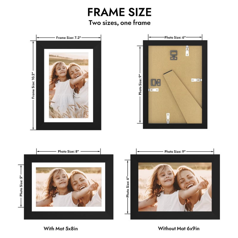 Hongkee 6x9 Picture Frame with Glass, Display Pictures 5x8 with Mat or 6 x 9 without Mat - Wall and Tabletop, 6 by 9 Photo Wooden Frames (Black, 1 Pack) - Image 2