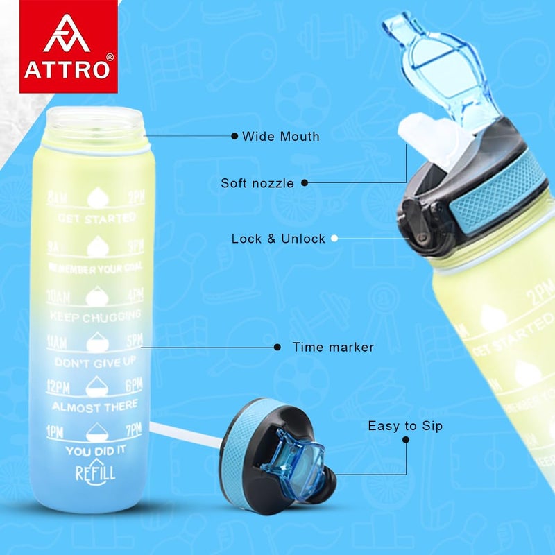 ATTRO Motivational 1 Liter Quotes & Time Marker Dual Colour Sports Plastic Bottle BPA Free, Leak Proof Sipper Bottle for Gym, Office, Workout-Blue Yellow - Image 2