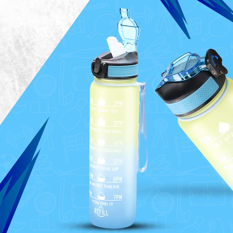 ATTRO Motivational 1 Liter Quotes & Time Marker Dual Colour Sports Plastic Bottle BPA Free, Leak Proof Sipper Bottle for Gym, Office, Workout-Blue Yellow - Image 1