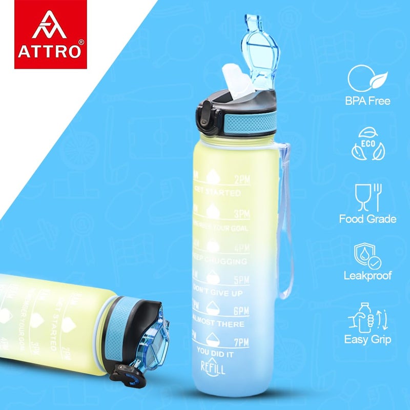 ATTRO Motivational 1 Liter Quotes & Time Marker Dual Colour Sports Plastic Bottle BPA Free, Leak Proof Sipper Bottle for Gym, Office, Workout-Blue Yellow - Image 3