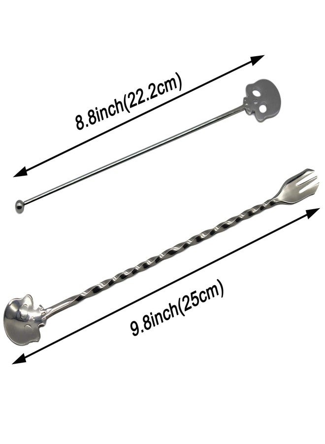 Maydahui 2 PCS Skull Swizzle Sticks Bar Spoon Mixing Spoons 9.8inch 18/10（304）Stainless Steel Fruit Forks Reusable Stirrers Stir Cocktail Drink for Halloween - Image 2