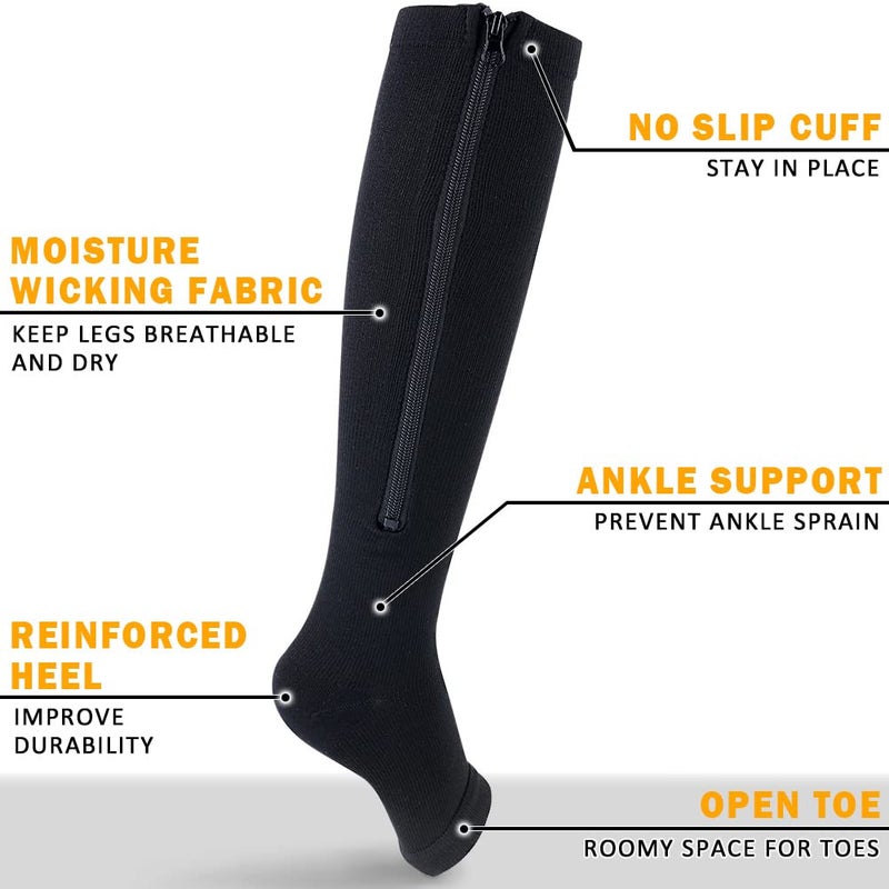 Casmon 2 Pairs Zipper Compression Socks For Women & Men  15-20 Mmhg Open Toe Knee High Support Socks For Varicose Vein Edema - Image 4
