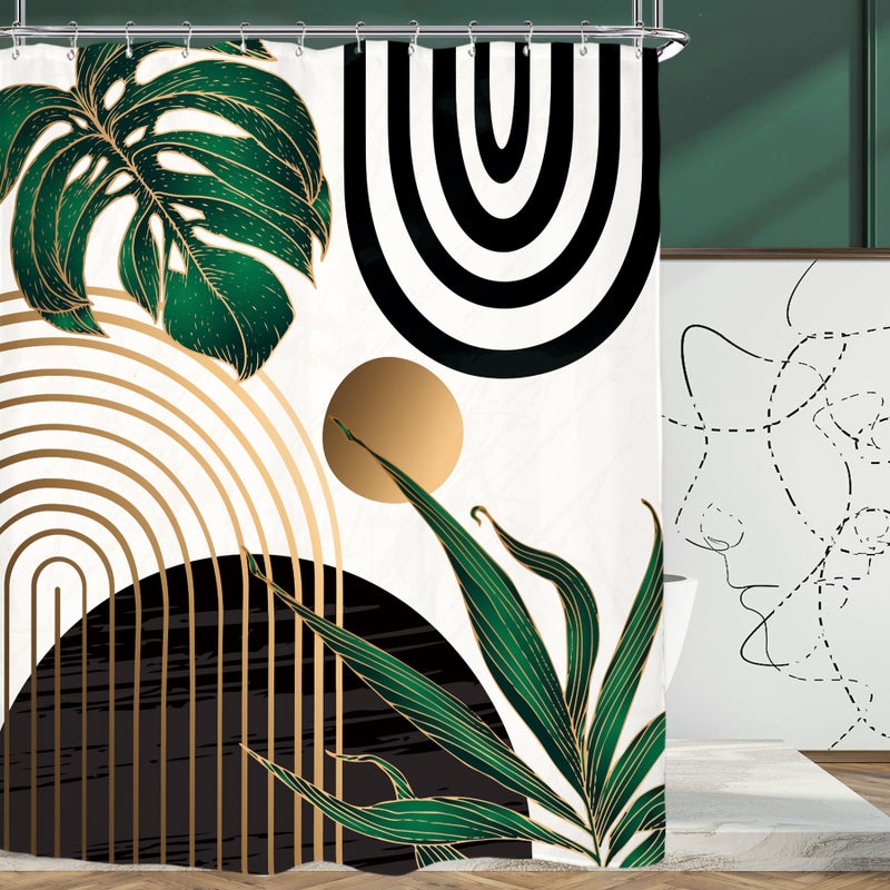 Miyotaa Abstract Emerald Green Shower Curtain Set 71Wx84H Inches Extra Long Minimalist Modern Tropical Leaves Geometric Contemporary Polyester Waterproof Bathroom Curtain with 12 Hooks - Image 4