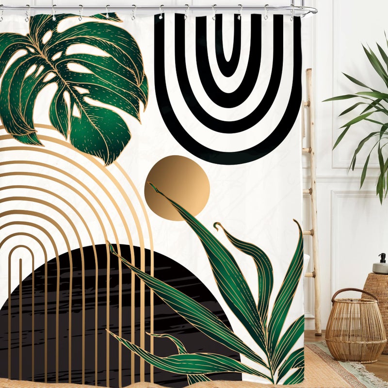 Miyotaa Abstract Emerald Green Shower Curtain Set 71Wx84H Inches Extra Long Minimalist Modern Tropical Leaves Geometric Contemporary Polyester Waterproof Bathroom Curtain with 12 Hooks - Image 1