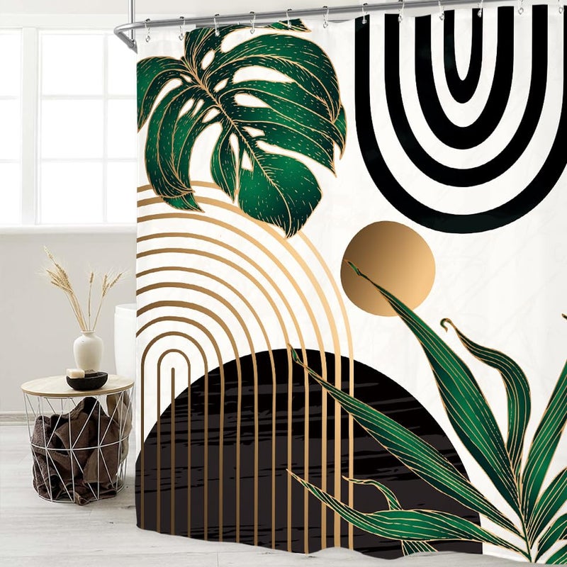 Miyotaa Abstract Emerald Green Shower Curtain Set 71Wx84H Inches Extra Long Minimalist Modern Tropical Leaves Geometric Contemporary Polyester Waterproof Bathroom Curtain with 12 Hooks - Image 2
