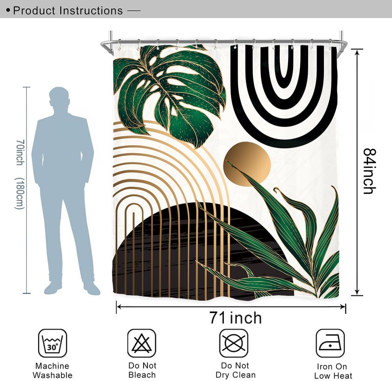 Miyotaa Abstract Emerald Green Shower Curtain Set 71Wx84H Inches Extra Long Minimalist Modern Tropical Leaves Geometric Contemporary Polyester Waterproof Bathroom Curtain with 12 Hooks - Image 3