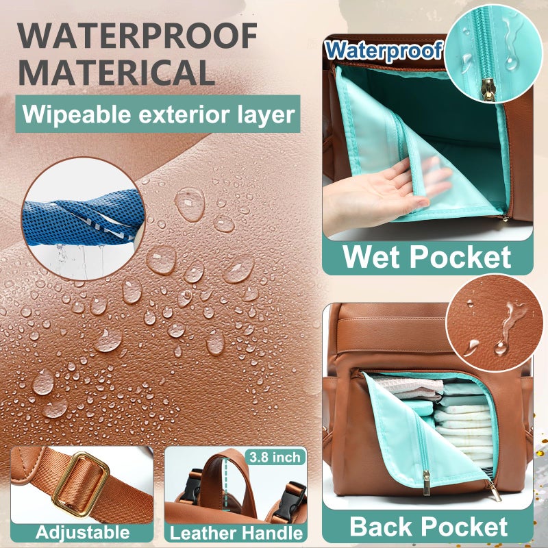 MOMINSIDE Diaper Bag Backpack with 6 Insulated Pockets, Leather Diaper Bag, Large Baby Bag for Mom, Baby Registry, 18 Pockets, Changing Pad, Stroller Straps (Brown) - Image 4