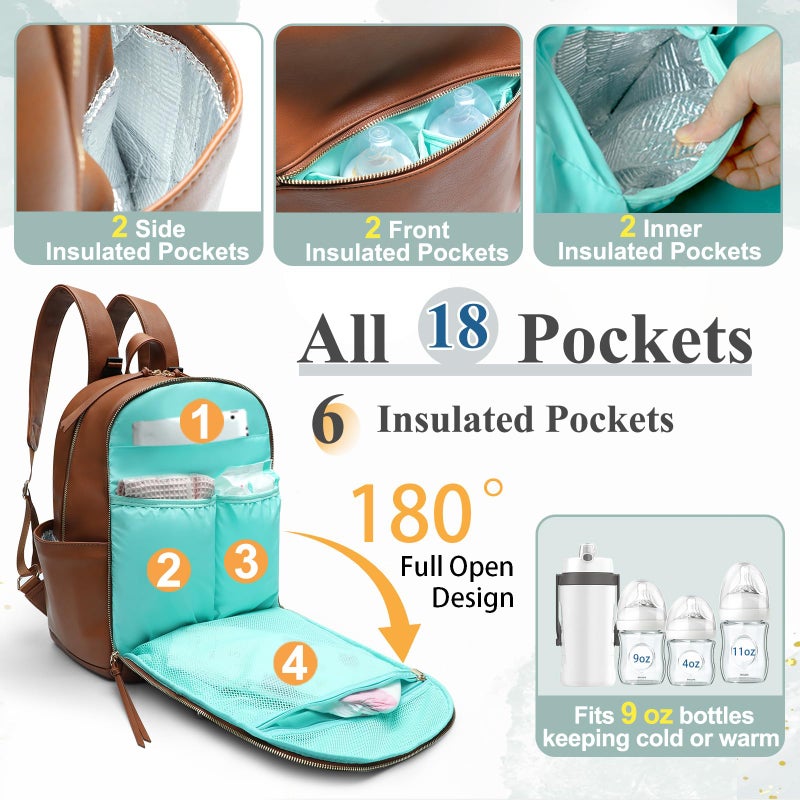 MOMINSIDE Diaper Bag Backpack with 6 Insulated Pockets, Leather Diaper Bag, Large Baby Bag for Mom, Baby Registry, 18 Pockets, Changing Pad, Stroller Straps (Brown) - Image 3