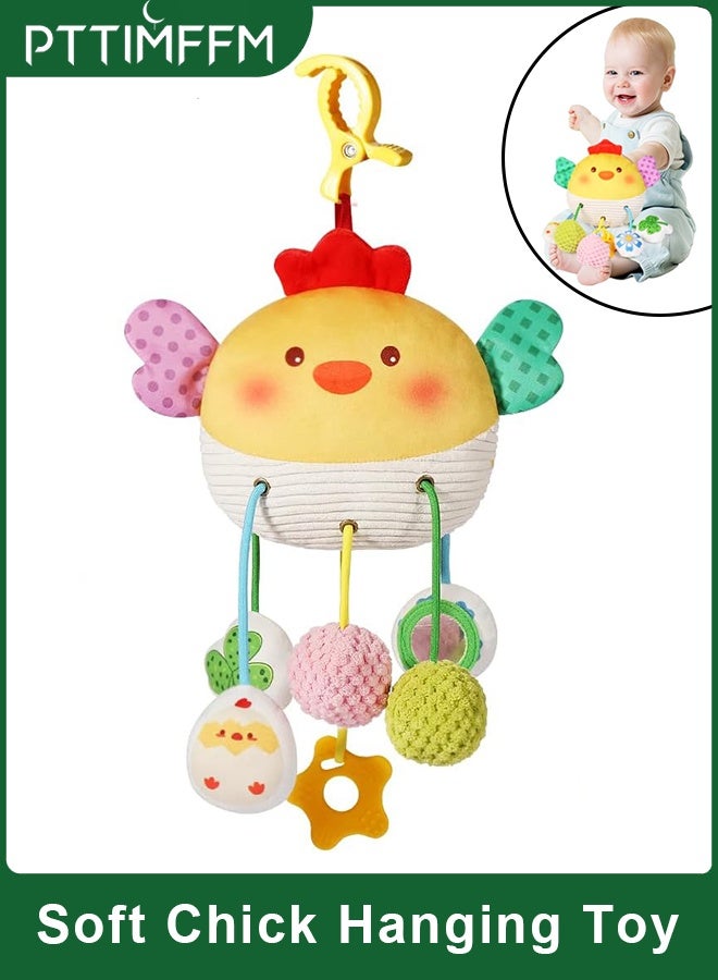 PTTIMFFM Soft Chick Baby Hanging Toy, Plush Animal Sensory Toy with Pull String, Rattle, Crinkle & Mirror for Car Seat or Crib - Image 1
