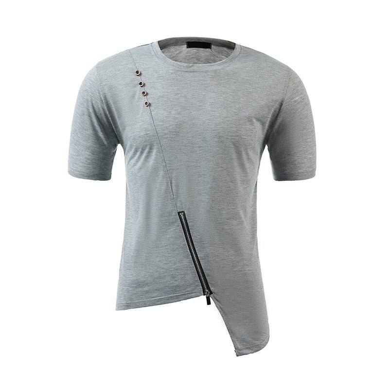 size summer new solid color all-match button zipper personality irregular hem plus size round neck short sleeve T-shirt T07P20 - Image 1