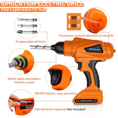 Magic4U Kids Tool SetMAGIC4U 50PCS Toddler Tool Set with Electronic Toy DrillTape Measure 12 Tool EquipementsPretend Play Construction Coustume with Safety Vest HatToy Tool Box for Kids Boy Girl Age 38 - Image 5