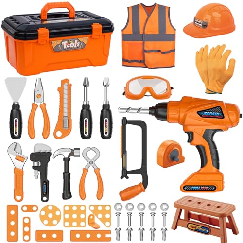 Magic4U Kids Tool SetMAGIC4U 50PCS Toddler Tool Set with Electronic Toy DrillTape Measure 12 Tool EquipementsPretend Play Construction Coustume with Safety Vest HatToy Tool Box for Kids Boy Girl Age 38 - Image 1