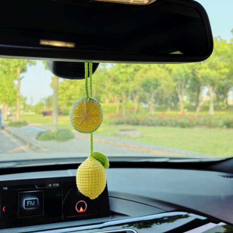 Mshion Car Rear View Mirror Hanging Accessory  Cute Lemon Car Accessories  Crochet Car Decor  Hand Knitted Car Mirror Hanger - Image 1
