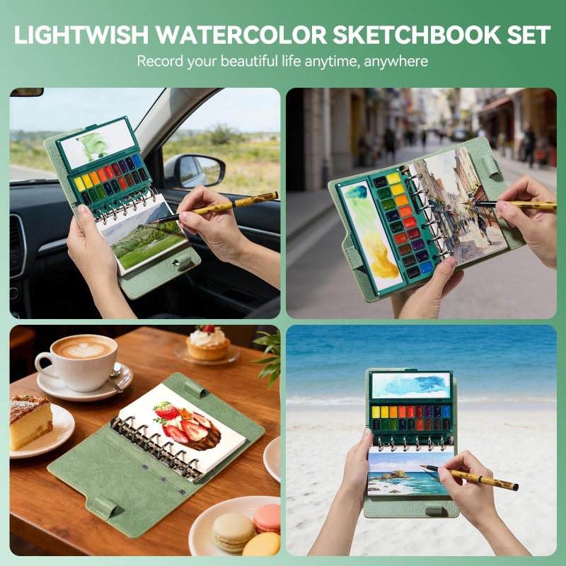 لايت ويش مجموعة دفاتر رسم مائية محمولة - 100% قطن 5.1x3.0 بوصة ضغط ساخن 20 ورقة دفتر فني مع لوحة ألوان سيراميك 18 بئر وفرشاة مائية للسفر للفنانين للرسم في الهواء الطلق - Image 2