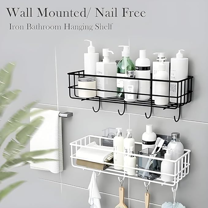 Self-Adhesive Bathroom Shelf with Hooks - Space-Saving Wall Mounted Shelf for Bathroom Essentials - Durable, No-Drill Required - Sleek Design. (Pack of 1) - Image 2