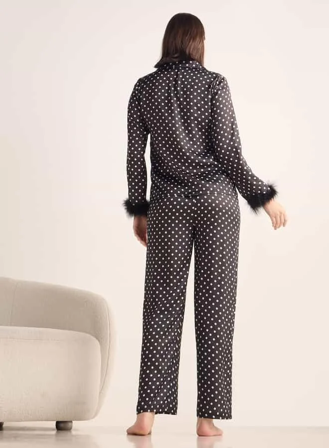 Splash FAV Polka Dot Print Satin Pyjama Set
