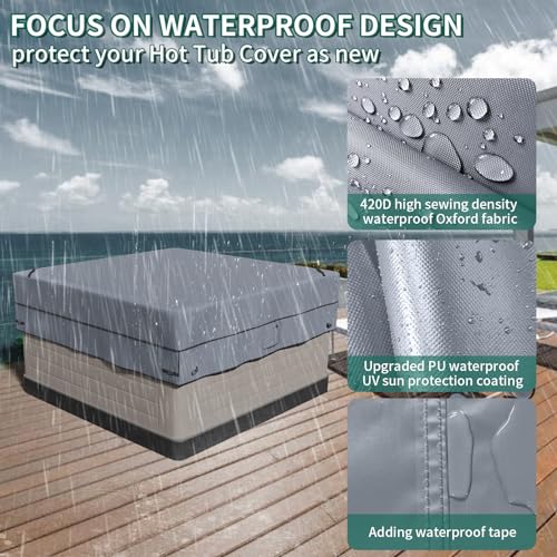 AKEfit Outdoor Waterproof and Weatherproof Hot Tub Cover 85 x 85 inch fit 84 x 84 or 83 x 83 or 82 x 82 or 7 ft x 7 ft Square SPA 600D Heavy Duty Cover Protectors Protective Cover Cap - Image 4