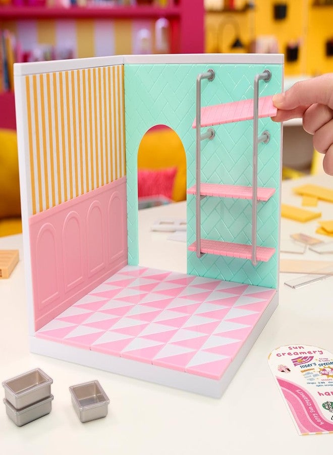 MGA's Miniverse MGA’s Miniverse Make It Mini Spaces Starter Pack Pink, Buildable Custom Scene with Panels, Floor, Furniture, Wallpaper, Surprise Ingredients, NFC Card & Display, Ice Cream & Pizza Shop Themes- 566212 - Image 4
