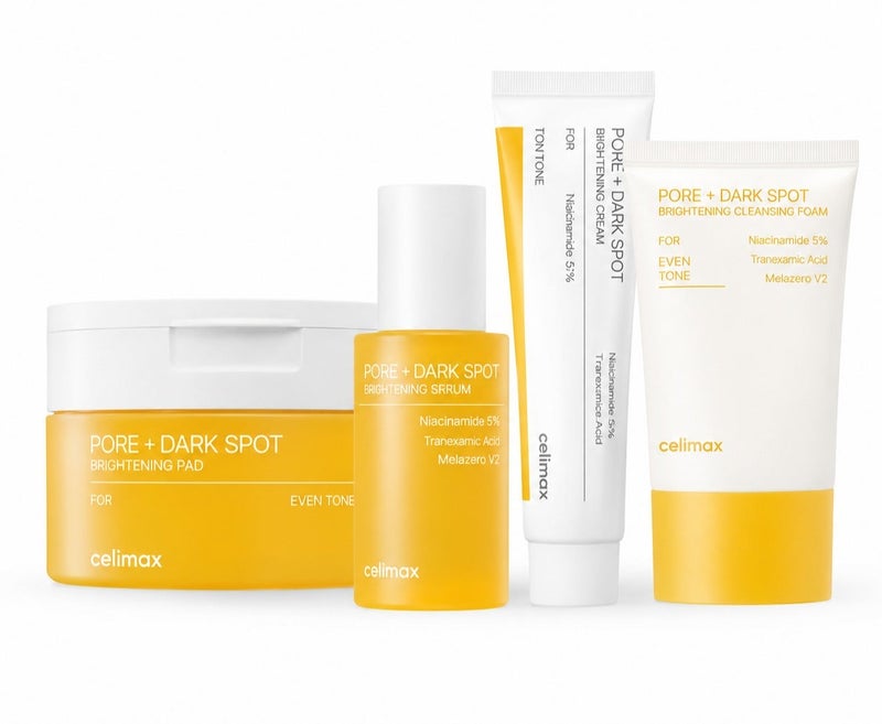 Celimax Pore+Dark Spot Complete Brightening Skincare Set | Brightening Pad + Serum + Cream + Cica Sunscreen SPF50+ PA++++ - Image 1
