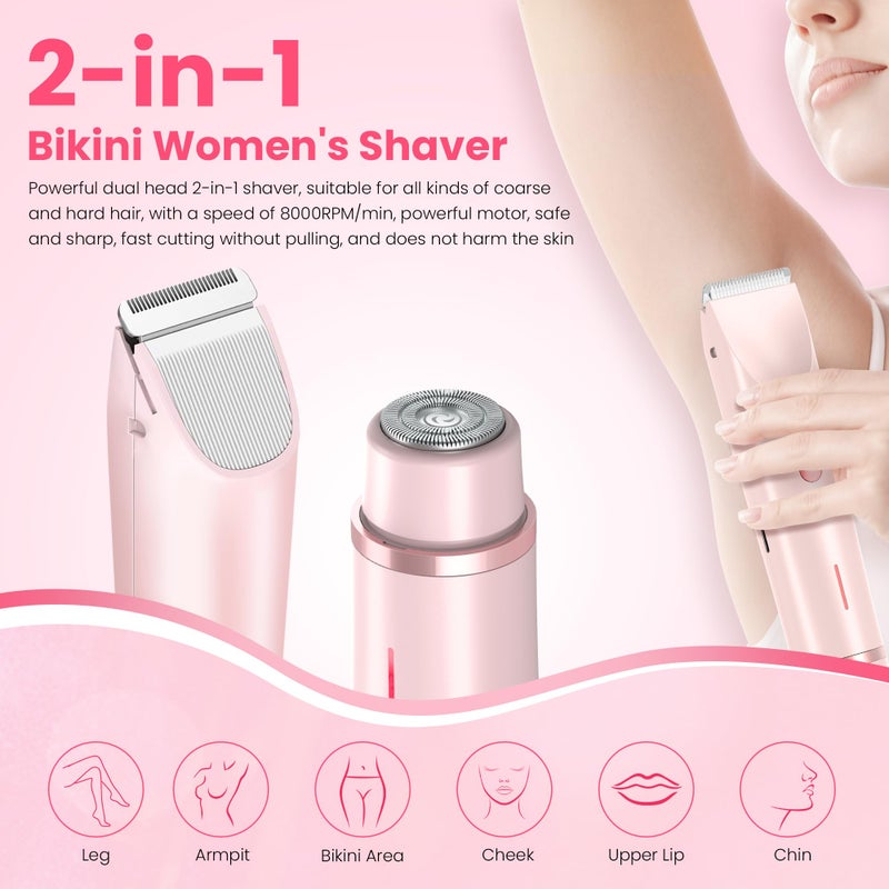 MUXUN Bikini Trimmer for Women-2 in 1 Dual Head Electric Razors,USB Rechargeable Bikini Electric Shaver,IPX7 Waterproof Dry & Wet Use Body Hair Trimmer and Facial Hair Remover for Underarm Leg Body,Pink - Image 2