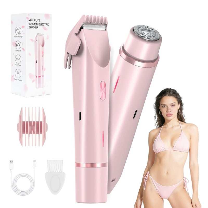 MUXUN Bikini Trimmer for Women-2 in 1 Dual Head Electric Razors,USB Rechargeable Bikini Electric Shaver,IPX7 Waterproof Dry & Wet Use Body Hair Trimmer and Facial Hair Remover for Underarm Leg Body,Pink - Image 1