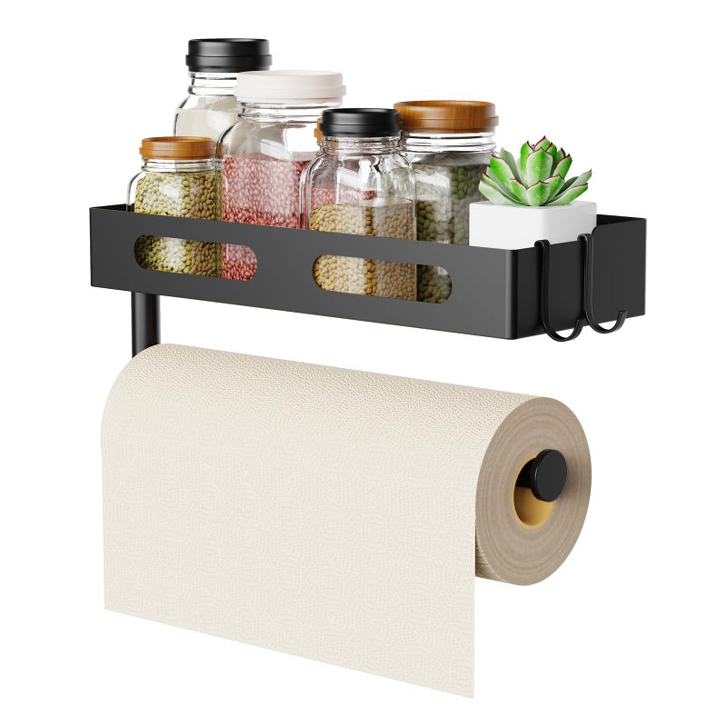 EffiJoy Paper Towel Holder Wall Mount for Kitchen, Paper Towel Holder with Shelf for Bathroom, RV Paper Towel Rack, Spice Rack with 2 Hooks,Matte Black - Image 1