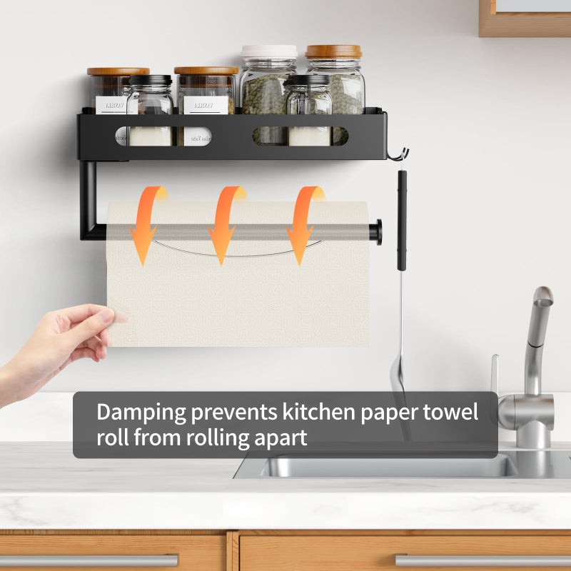 EffiJoy Paper Towel Holder Wall Mount for Kitchen, Paper Towel Holder with Shelf for Bathroom, RV Paper Towel Rack, Spice Rack with 2 Hooks,Matte Black - Image 2