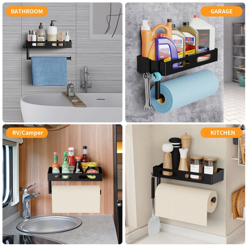 EffiJoy Paper Towel Holder Wall Mount for Kitchen, Paper Towel Holder with Shelf for Bathroom, RV Paper Towel Rack, Spice Rack with 2 Hooks,Matte Black - Image 3