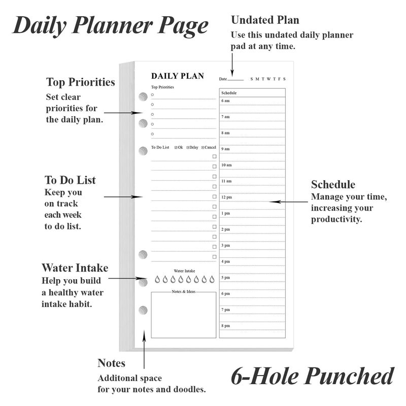 Yaridar (2-Pack) A6 Undated Daily Planner Refill - To Do List for Filofax Personal Binders, 160 Sheets/320 Pages Planner and Lined Refill, 6-Hole Punched, 3.75" x 6.75" - Image 3