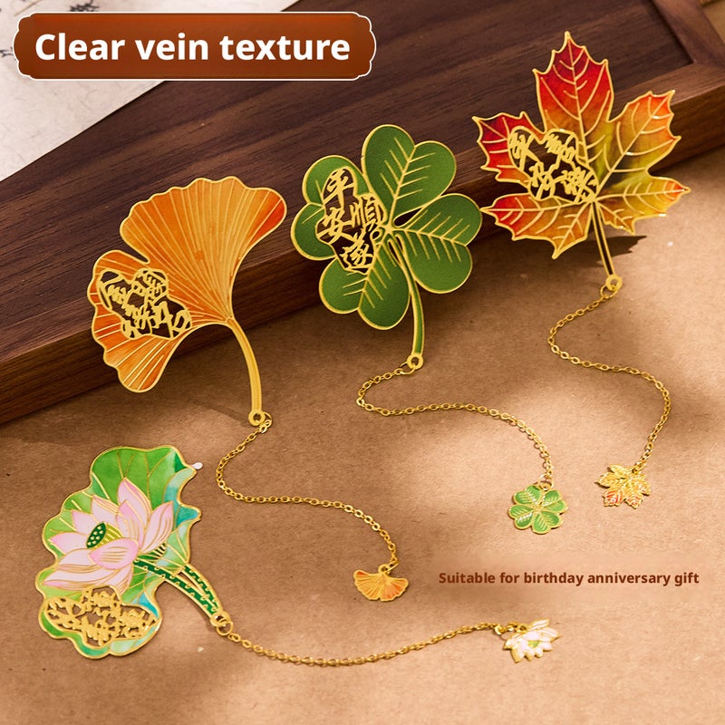 Zhusheng Metal Bookmark Gift Set - Brass Hollow Out Ginkgo Leaf & Lotus Designs - Image 2