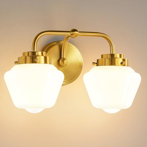RUIYEY Bathroom Vanity Light Fixtures: 2-Lights Gold Bathroom Lighting Fixtures Over Mirror, Mid-Century Modern Wall Sconces with Frosted Milky Glass for Kitchen Bedroom Hallway - Image 1