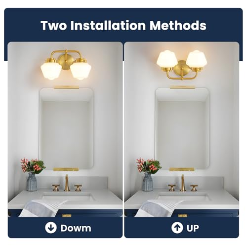 RUIYEY Bathroom Vanity Light Fixtures: 2-Lights Gold Bathroom Lighting Fixtures Over Mirror, Mid-Century Modern Wall Sconces with Frosted Milky Glass for Kitchen Bedroom Hallway - Image 2