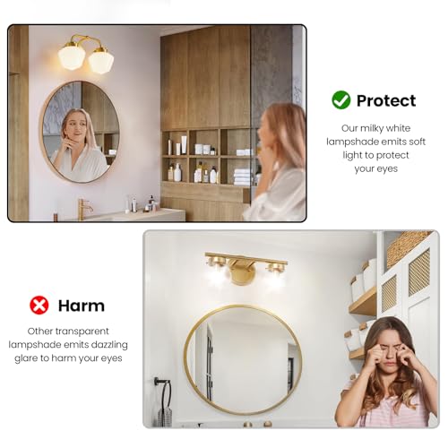 RUIYEY Bathroom Vanity Light Fixtures: 2-Lights Gold Bathroom Lighting Fixtures Over Mirror, Mid-Century Modern Wall Sconces with Frosted Milky Glass for Kitchen Bedroom Hallway - Image 4