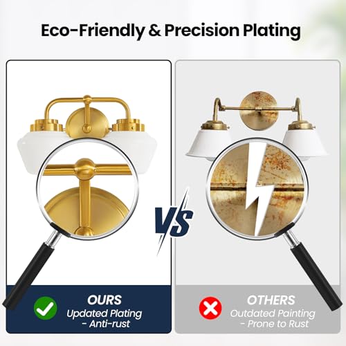 RUIYEY Bathroom Vanity Light Fixtures: 2-Lights Gold Bathroom Lighting Fixtures Over Mirror, Mid-Century Modern Wall Sconces with Frosted Milky Glass for Kitchen Bedroom Hallway - Image 5