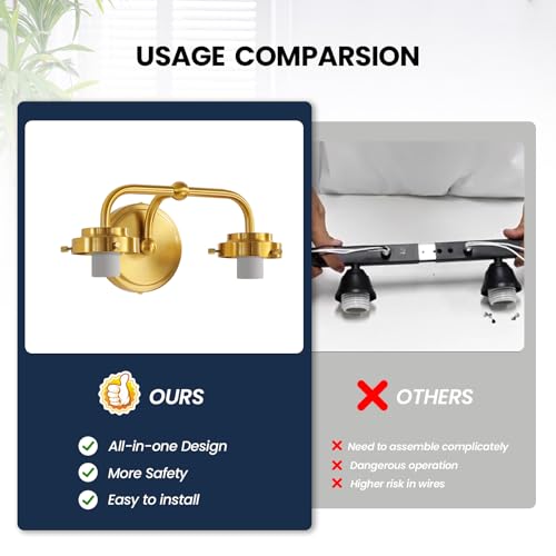 RUIYEY Bathroom Vanity Light Fixtures: 2-Lights Gold Bathroom Lighting Fixtures Over Mirror, Mid-Century Modern Wall Sconces with Frosted Milky Glass for Kitchen Bedroom Hallway - Image 3