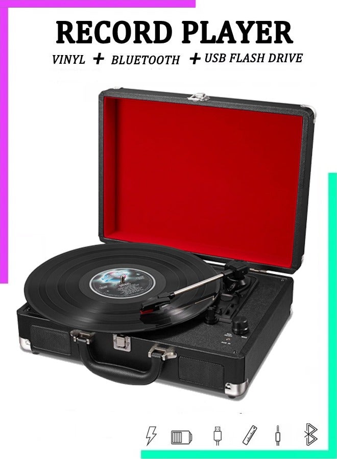 مشغل أسطوانات فونوغراف كلاسيكي عتيق بتقنية بلوتوث مع نظام ستيريو مدمج لأسطوانات الفينيل - مشغل محمول بثلاث سرعات (33/45/78 دورة في الدقيقة)، تشغيل عبر منفذ USB وبلوتوث لاسلكي، مدخل AUX، ومخرج RCA - مثالي للمنزل، الاستوديو، المقهى، المكتبة، المطعم، أو الفندق - تصميم عتيق، غلاف متين من الجلد الصناعي، مشغل أسطوانات أنيق ونحيف بلمسة جمالية كلاسيكية - مثالي لعشاق الفينيل، ومحبي الموسيقى، ولمسة عتيقة مميزة. - Image 1