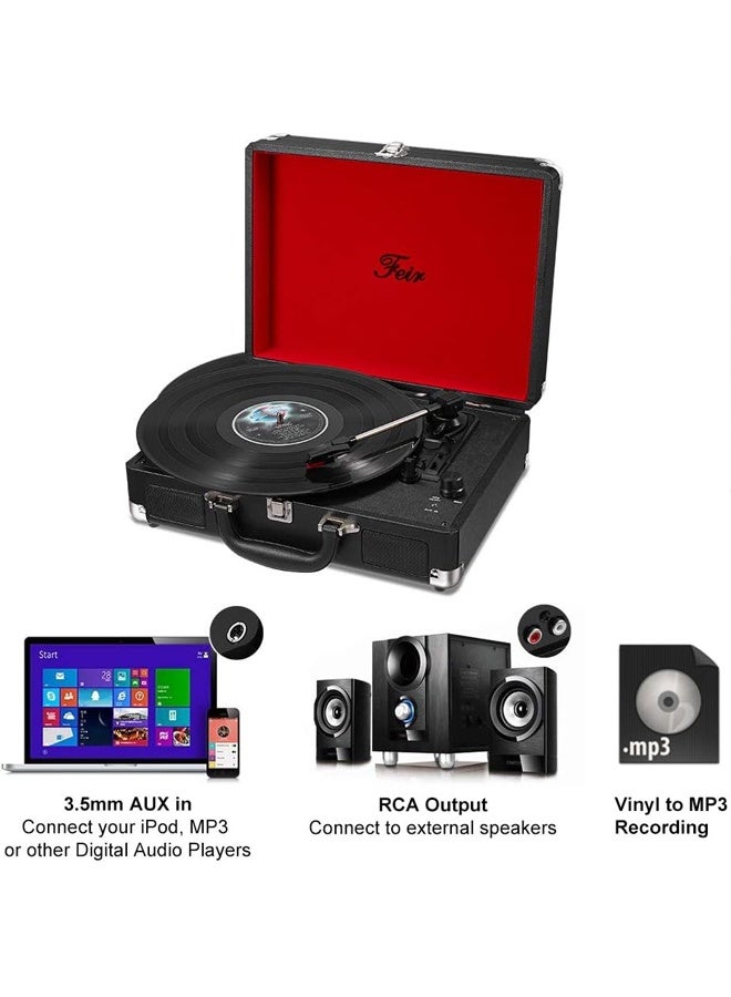 مشغل أسطوانات فونوغراف كلاسيكي عتيق بتقنية بلوتوث مع نظام ستيريو مدمج لأسطوانات الفينيل - مشغل محمول بثلاث سرعات (33/45/78 دورة في الدقيقة)، تشغيل عبر منفذ USB وبلوتوث لاسلكي، مدخل AUX، ومخرج RCA - مثالي للمنزل، الاستوديو، المقهى، المكتبة، المطعم، أو الفندق - تصميم عتيق، غلاف متين من الجلد الصناعي، مشغل أسطوانات أنيق ونحيف بلمسة جمالية كلاسيكية - مثالي لعشاق الفينيل، ومحبي الموسيقى، ولمسة عتيقة مميزة. - Image 5