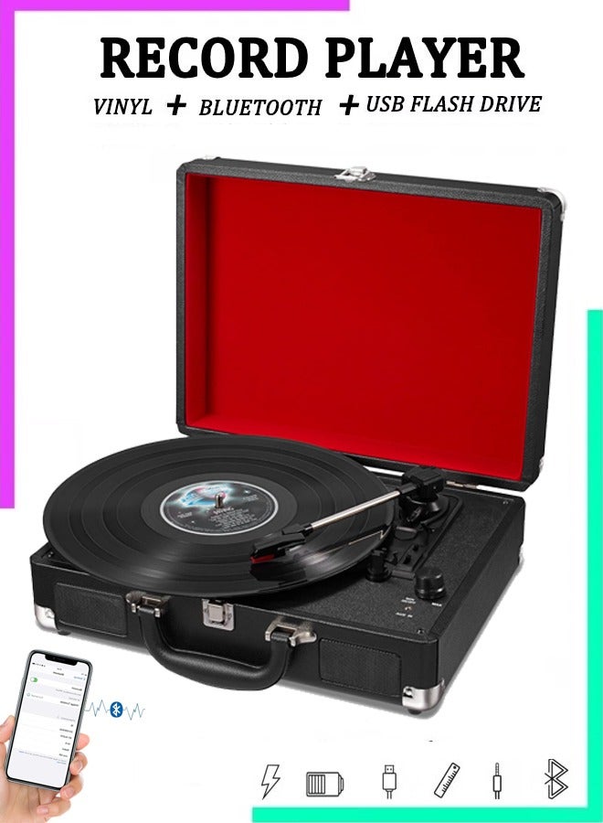 Retro Classic Bluetooth Speaker Phonograph Turntable with Built-in Stereo for Vinyl Records - Portable Player with 3 Speeds (33/45/78 RPM), USB & Wireless Bluetooth Playback, AUX Input, and RCA Line Out - Perfect for Home, Studio, Cafe, Bookstore, Restaurant, or Hotel - Vintage Design, Durable Artificial Leather Case, Slim and Stylish Turntable with Nostalgic Aesthetic - Ideal for Vinyl Lovers, Music Enthusiasts, and Retro Space Enhancement - Image 1