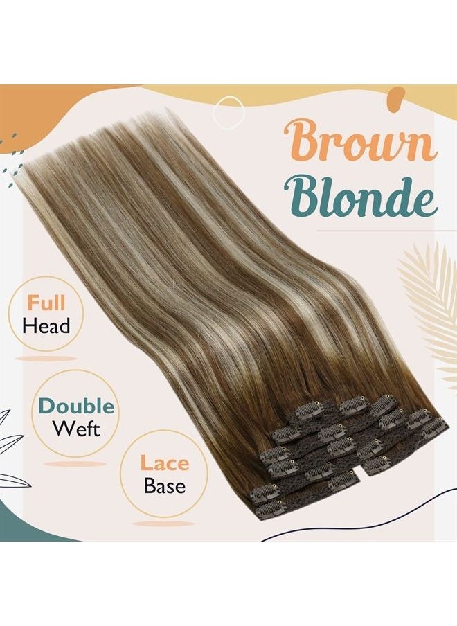 Ve Sunny Sunny Clip in Hair Extensions Real Human Hair Brown Balayage Blonde Clip in Human Hair Extensions Chestnut Brown Ombre Platinum Blonde Clip on Hair Extensions Blend Well 120g 7pcs 16inch 