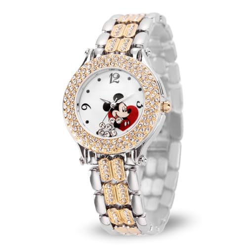 Disney Mickey Mouse Watch Stylish Fun Mickey Mouse Watches for Women Classic Inspired Timepiece Womens Watch with White Dial Floating Stones Multicolor Stainless Steel Strap - Image 1