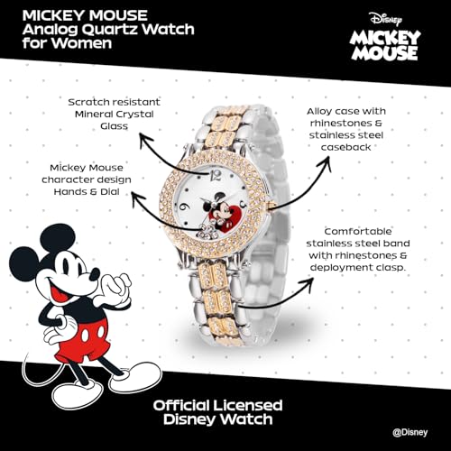 Disney Mickey Mouse Watch Stylish Fun Mickey Mouse Watches for Women Classic Inspired Timepiece Womens Watch with White Dial Floating Stones Multicolor Stainless Steel Strap - Image 3
