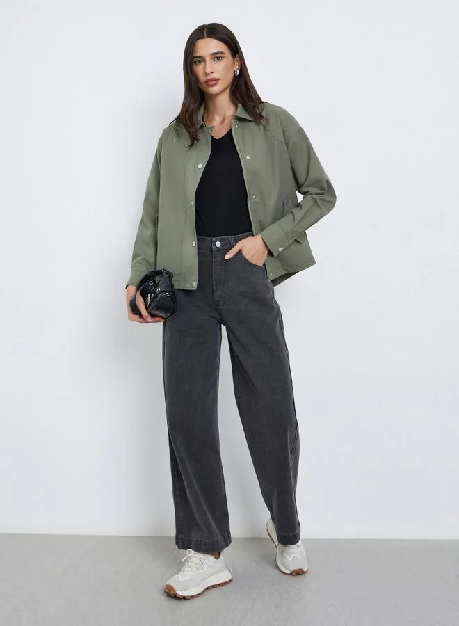 Styli Styli Green Regular Fit Button-Zip Jacket