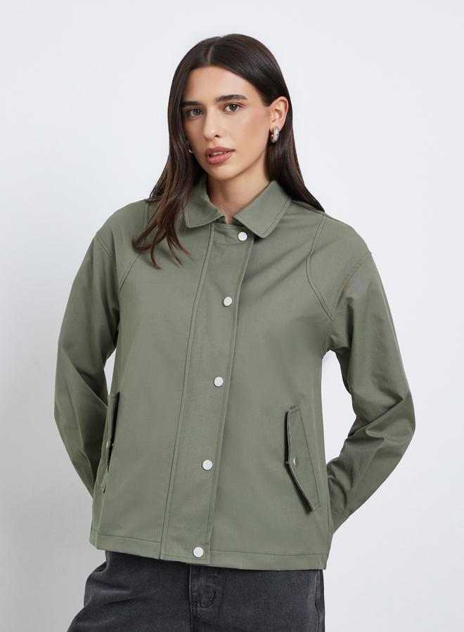 Styli Green Regular Fit Button-Zip Jacket - Image 3