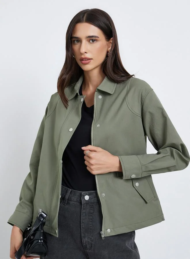 Styli Styli Green Regular Fit Button-Zip Jacket