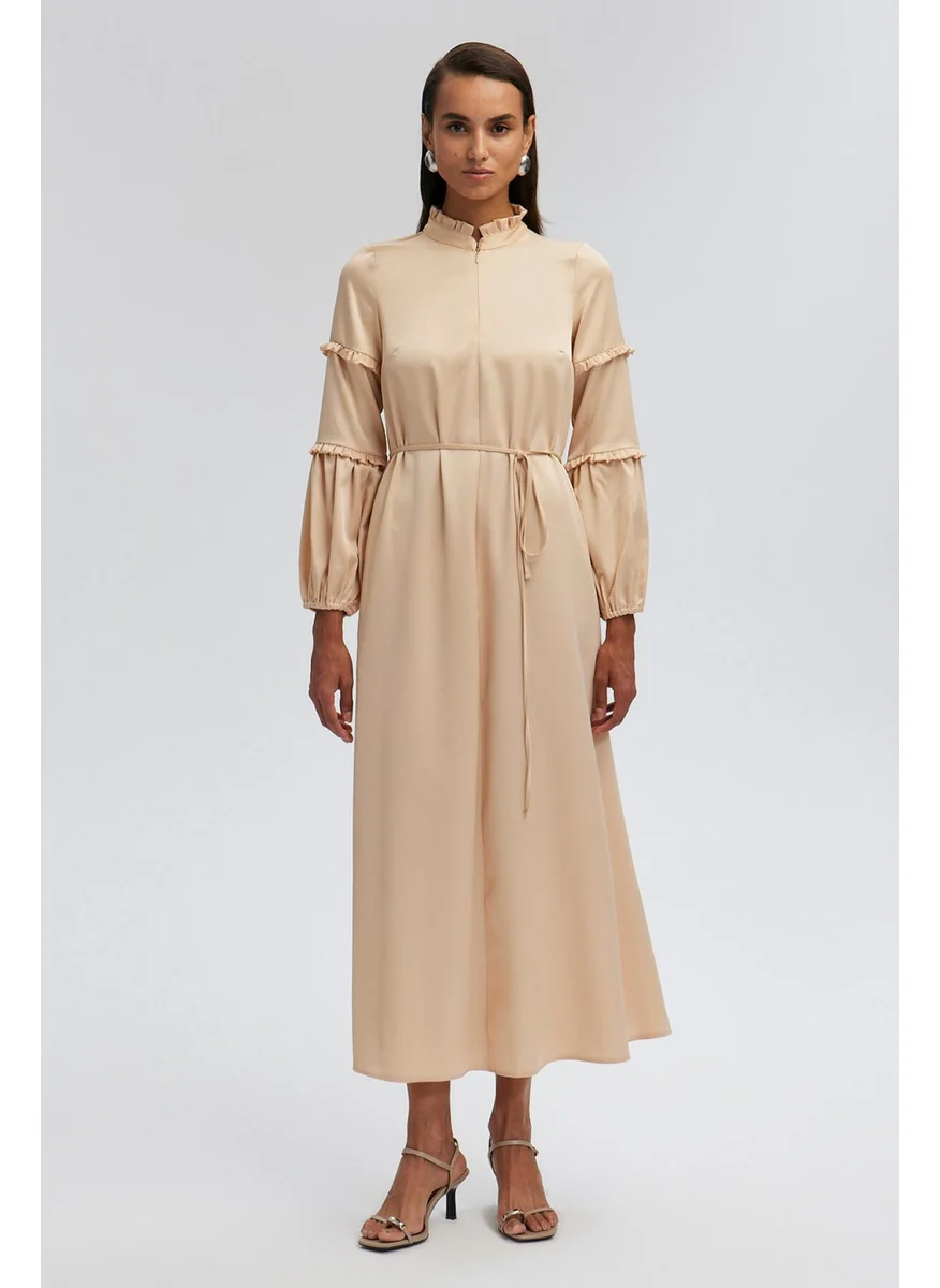 Touche Belted Balloon Sleeve Satin Dress