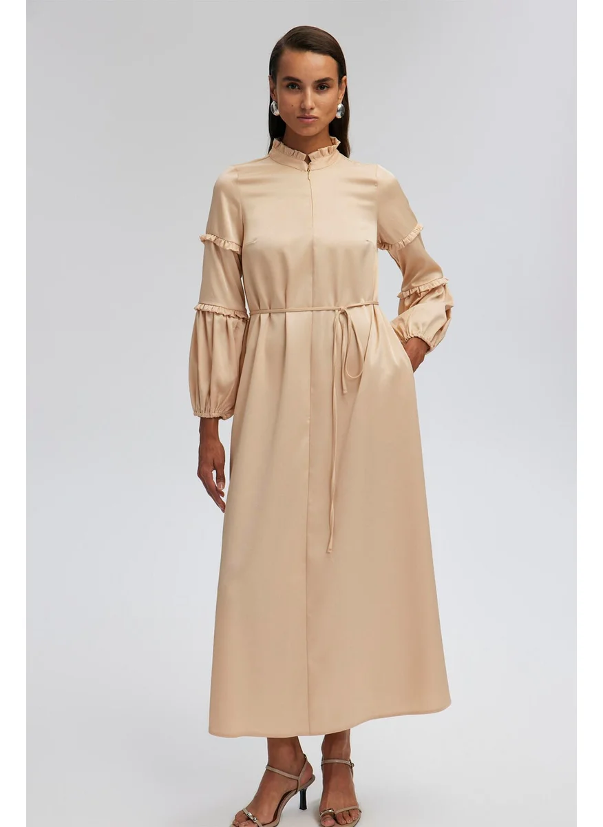 Touche Belted Balloon Sleeve Satin Dress