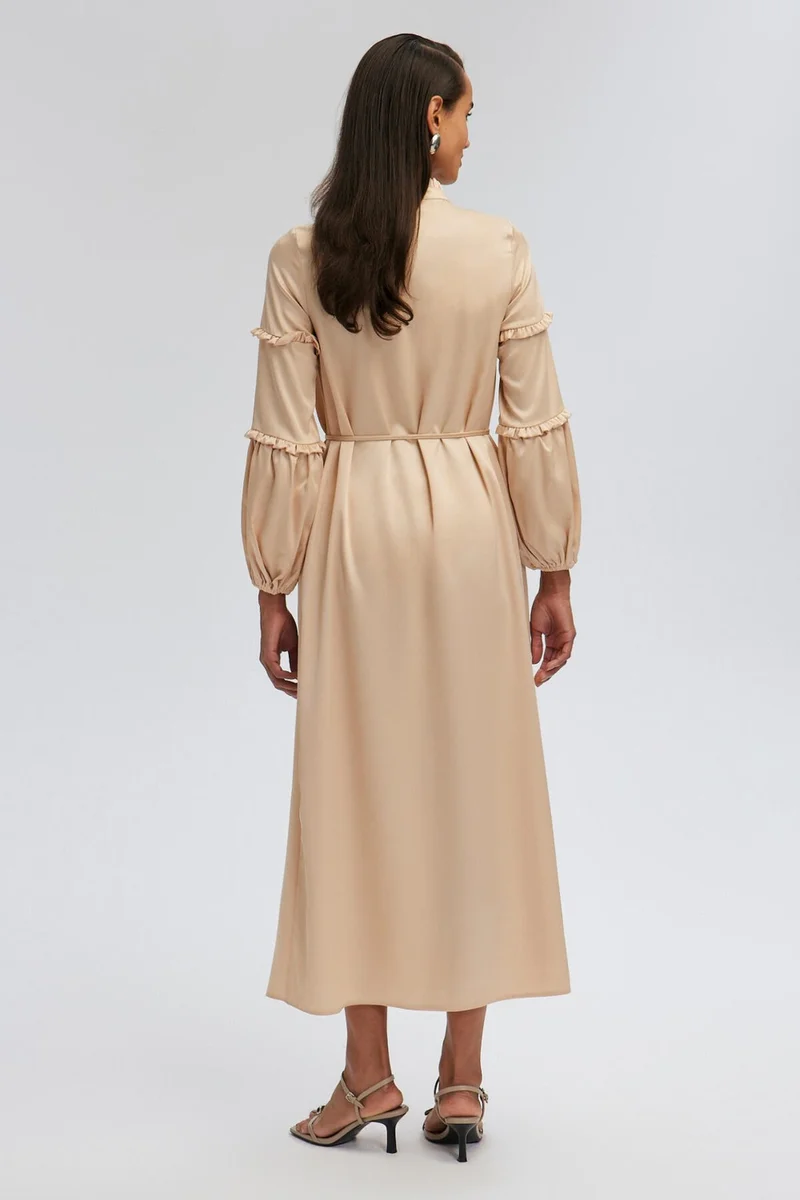 Touche Belted Balloon Sleeve Satin Dress