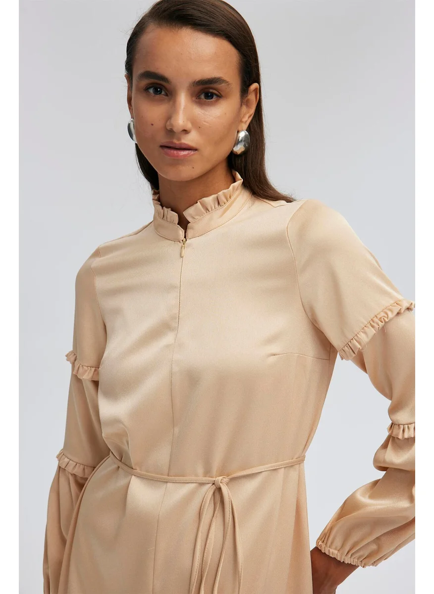 Touche Belted Balloon Sleeve Satin Dress