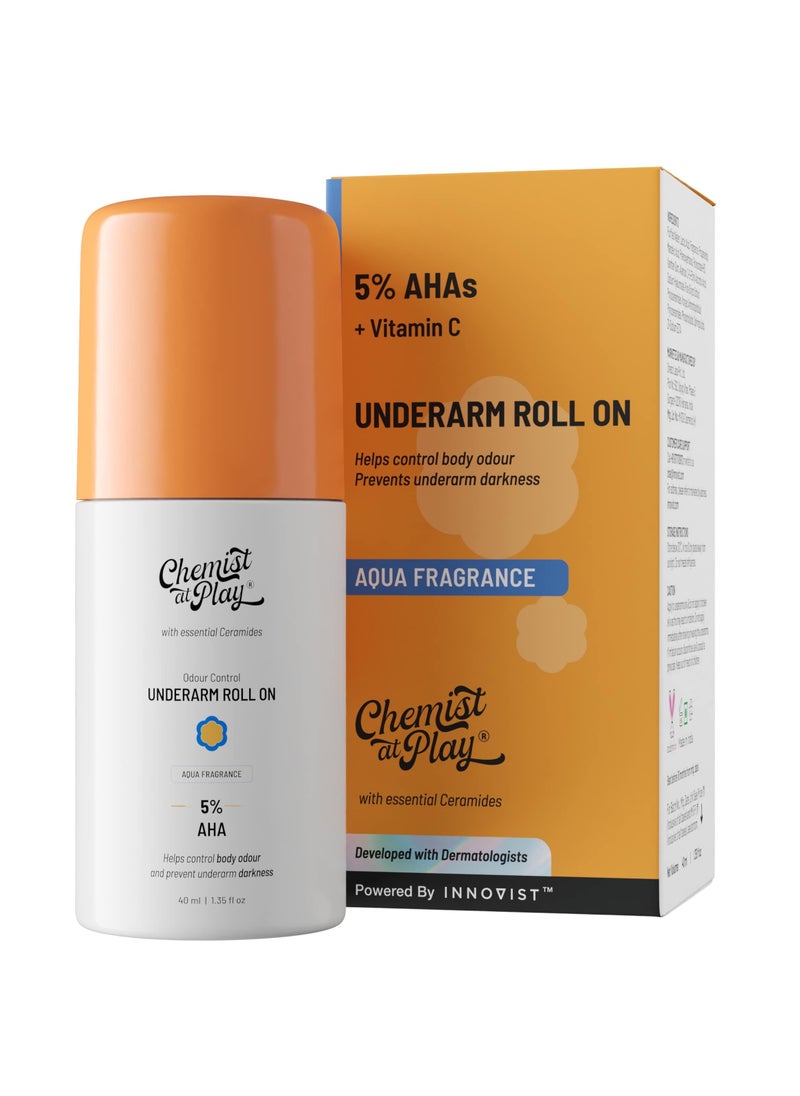 Chemist at Play - Chemist at Play UnderArm Roll On with Lactic and Mandelic Acid, Removes odour, Whitens and Brightens Skin, Kills Bacteria, Exfoliates Underarm, Long lasting Aqua Fragrance, For Women and Men, 40ml - Image 1