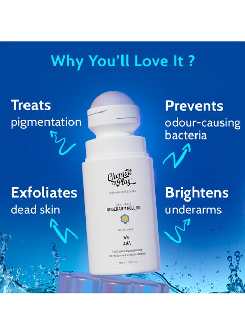 UnderArm Roll On with Lactic and Mandelic Acid, Removes odour, Whitens and Brightens Skin, Kills Bacteria, Exfoliates Underarm, Long lasting Aqua Fragrance, For Women and Men, 40ml